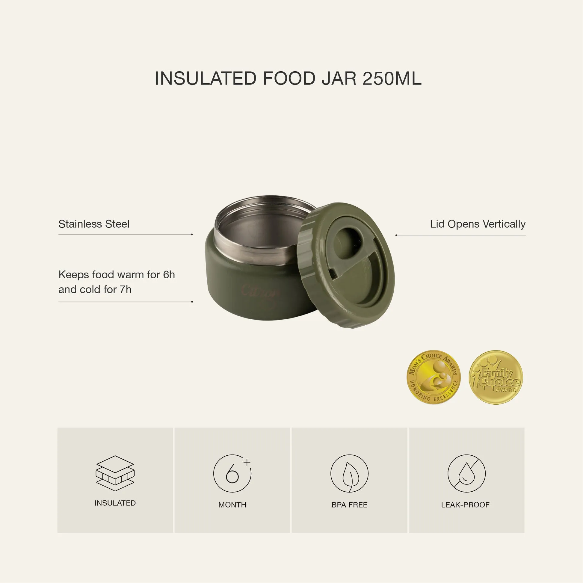 Citron Food Jar Insulated Stainless Steel 250ml - Olive Green