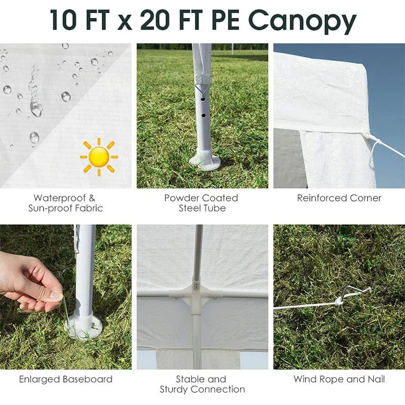 GrandShoppersHub  10' x 20' Heavy Duty Party Tent Outdoor Wedding Tent Waterproof PE Canopy Pavilion Tent with Wind Rope, White Commercial Event Tent for Camping