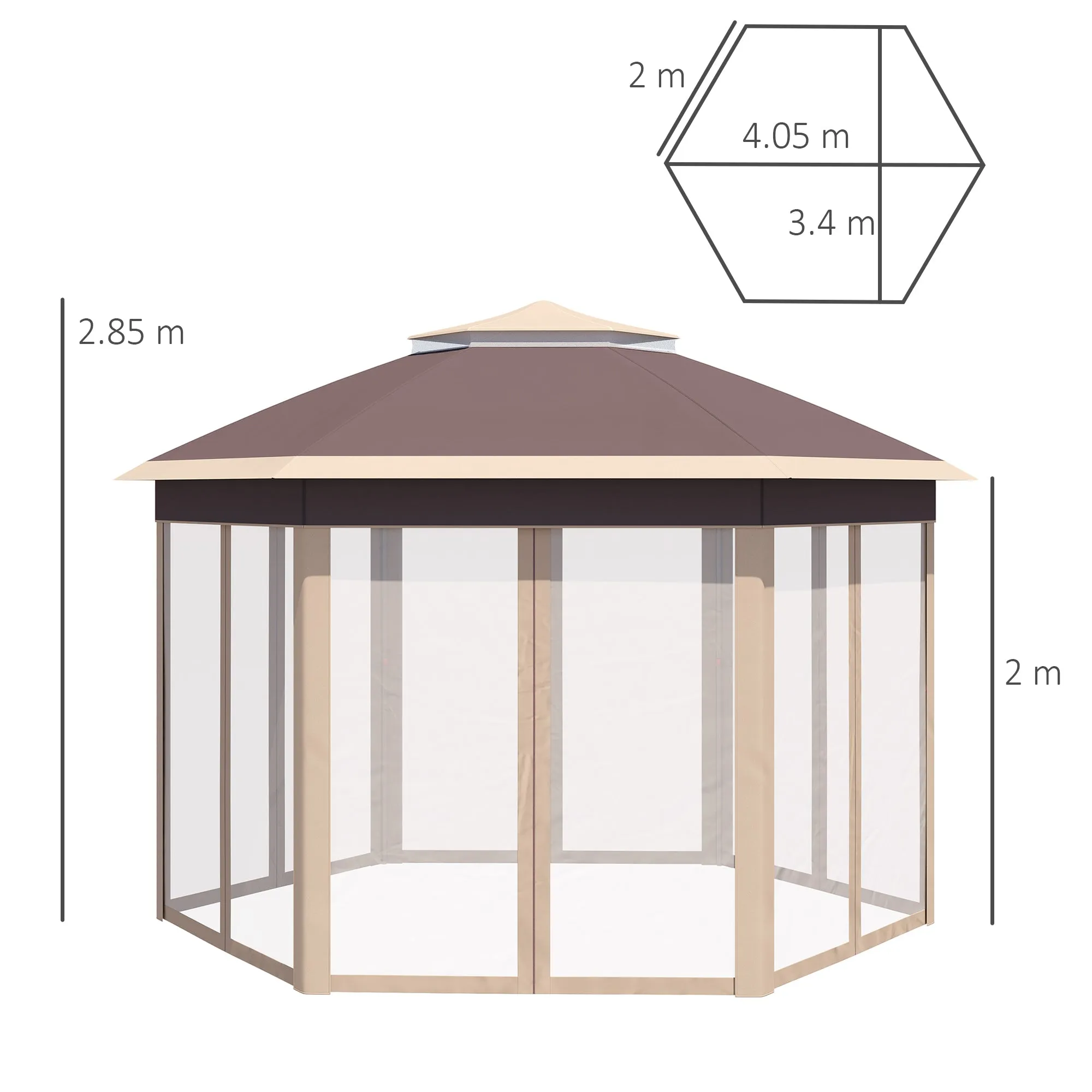 Hexagon Pop Up Gazebo Outdoor Patio Gazebo Double Roof Instant Shelter with Netting, 3 x 4m, Khaki