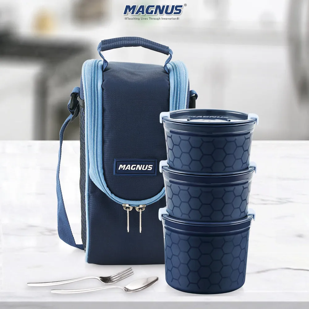 Magnus Opal-3 Microwave Steam Lock Stainless Steel Lunch Box Set - Leak-Proof Lunch Box for Kids, Men, Women | 300ml x 2, 400ml Tiffin Containers with Bag | Lunch Boxes for Office Men - Blue