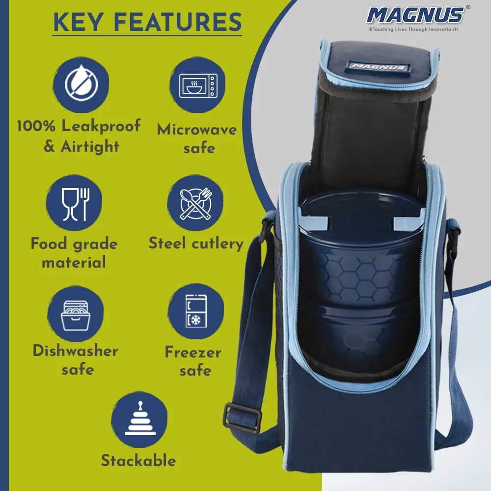 Magnus Opal-3 Microwave Steam Lock Stainless Steel Lunch Box Set - Leak-Proof Lunch Box for Kids, Men, Women | 300ml x 2, 400ml Tiffin Containers with Bag | Lunch Boxes for Office Men - Blue