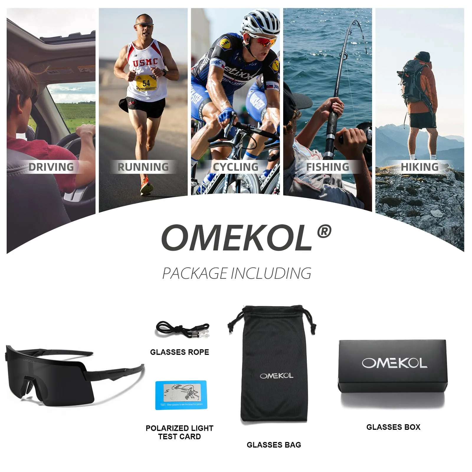 OMEKOL Polarized Sports Sunglasses Cycling Glasses UV400 Mountain Bike Goggles MTB Riding Bicycle Eyewear Men Women Baseball Running Fishing Golf Outdoor - Black Frame/Black Lens