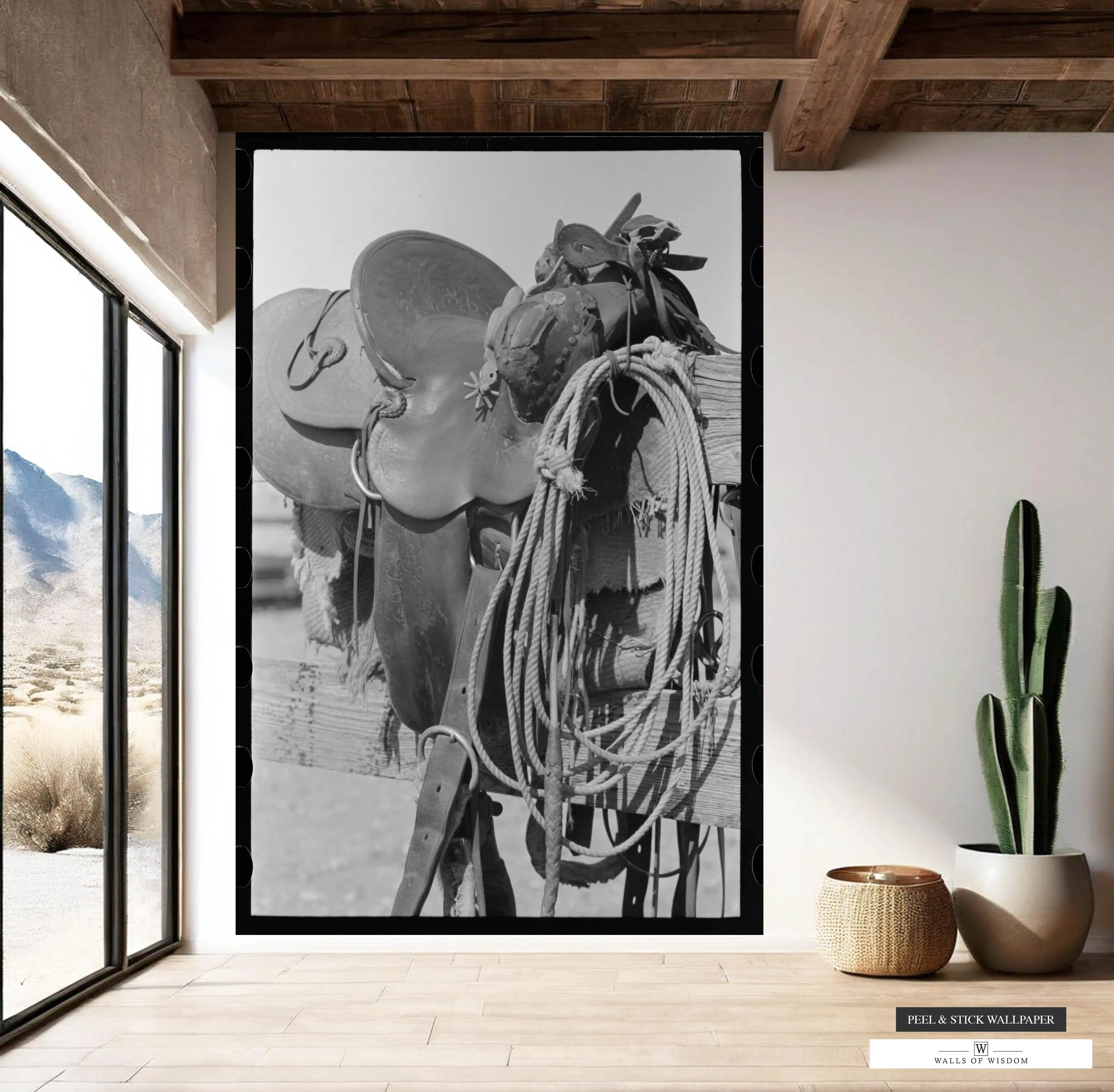 Saddle on Fence Vintage Photo Cowboy Mural - Elegant Western Ranch Peel & Stick Wallpaper