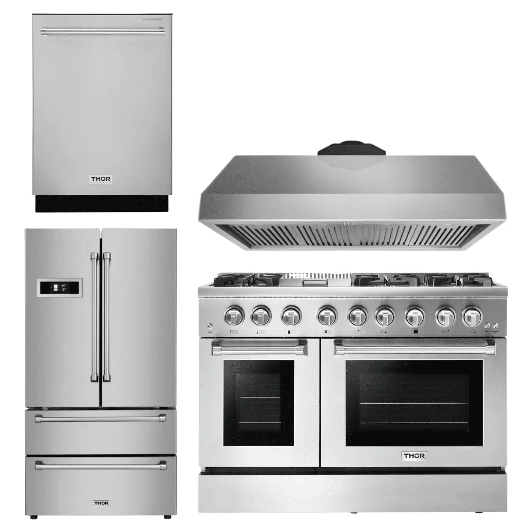 Thor Kitchen Appliance Package - 48 in. Propane Gas Burner/Electric Oven Range, Range Hood, Refrigerator, Dishwasher, AP-HRD4803ULP-3