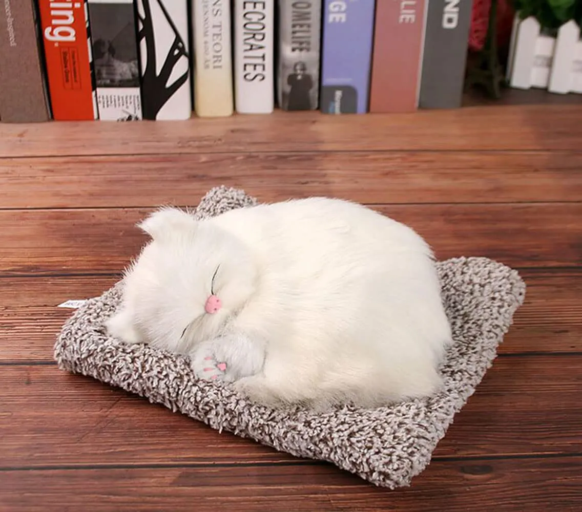 Tickles Sleeping Cat On Carpet Silicone Animal Toy for Kids Car Dashboard & Office Desk (Color: White Size: 8 cm)