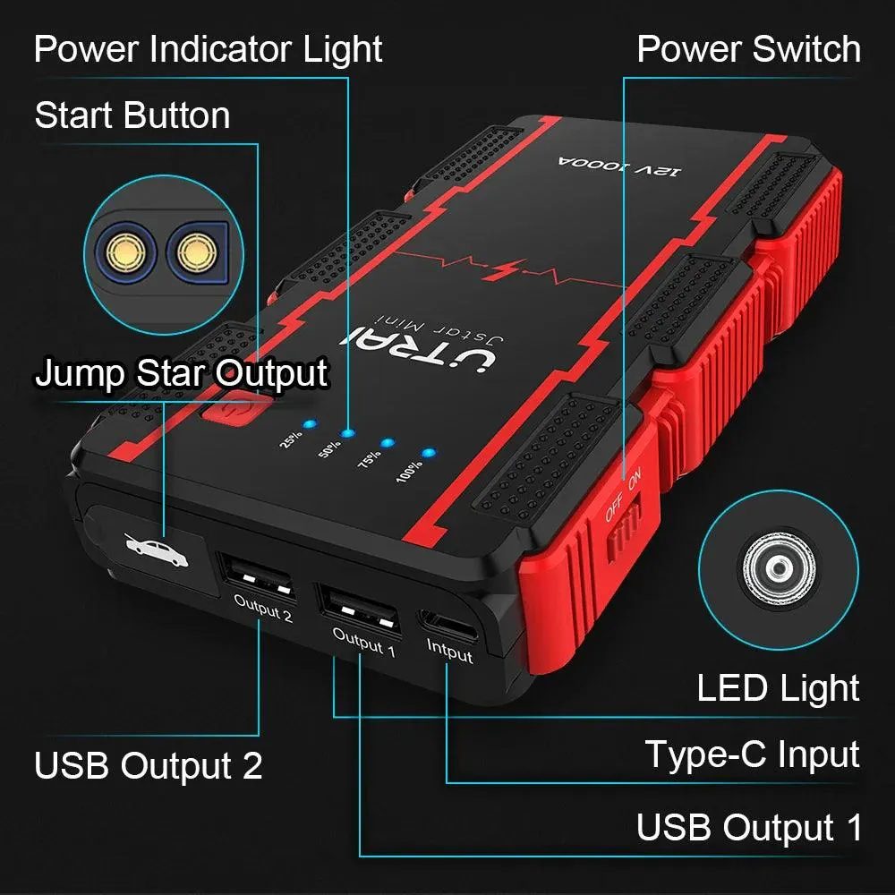 UTRAI 1000A Portable Car Battery Jump Starter and Power Bank with Emergency LED Light